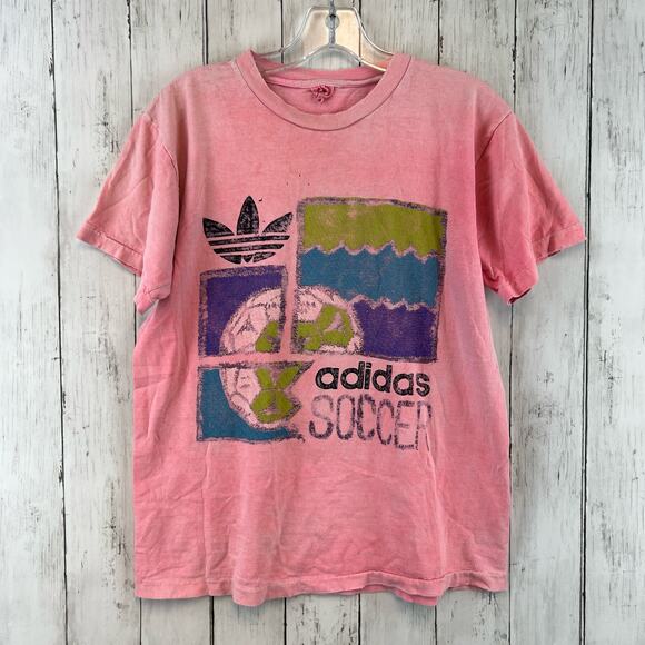 VTG 80's Adidas Pink Graphic Trefoil Soccer Single Stitched Tee Size Small - Picture 1 of 12